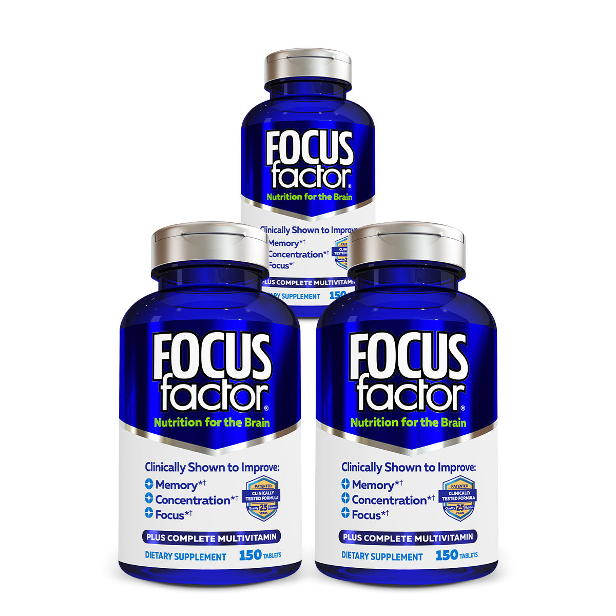 Three blue bottles of Focus Factor® Original† are shown, each featuring a white label that highlights benefits for better memory and concentration. Containing 150 tablets, these supplements offer "Nutrition for the Brain.