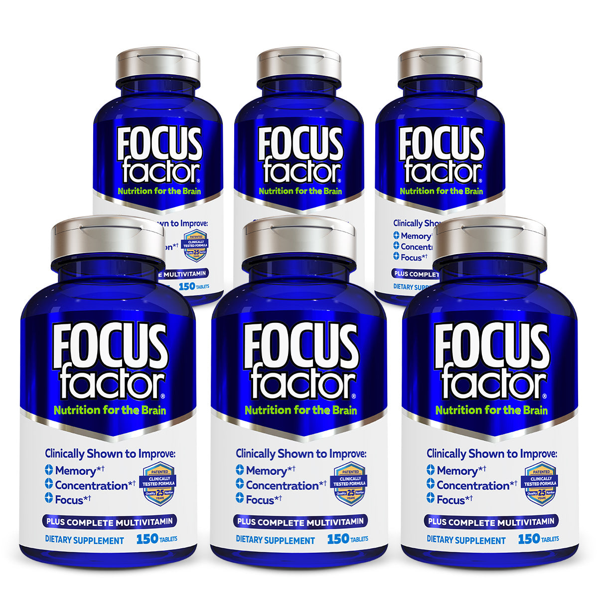 Six bottles of Focus Factor® Original†, a brain health dietary supplement, are arranged in a pyramid. Each blue bottle has a blue cap and label highlighting concentration and memory enhancement. Contains 150 tablets.