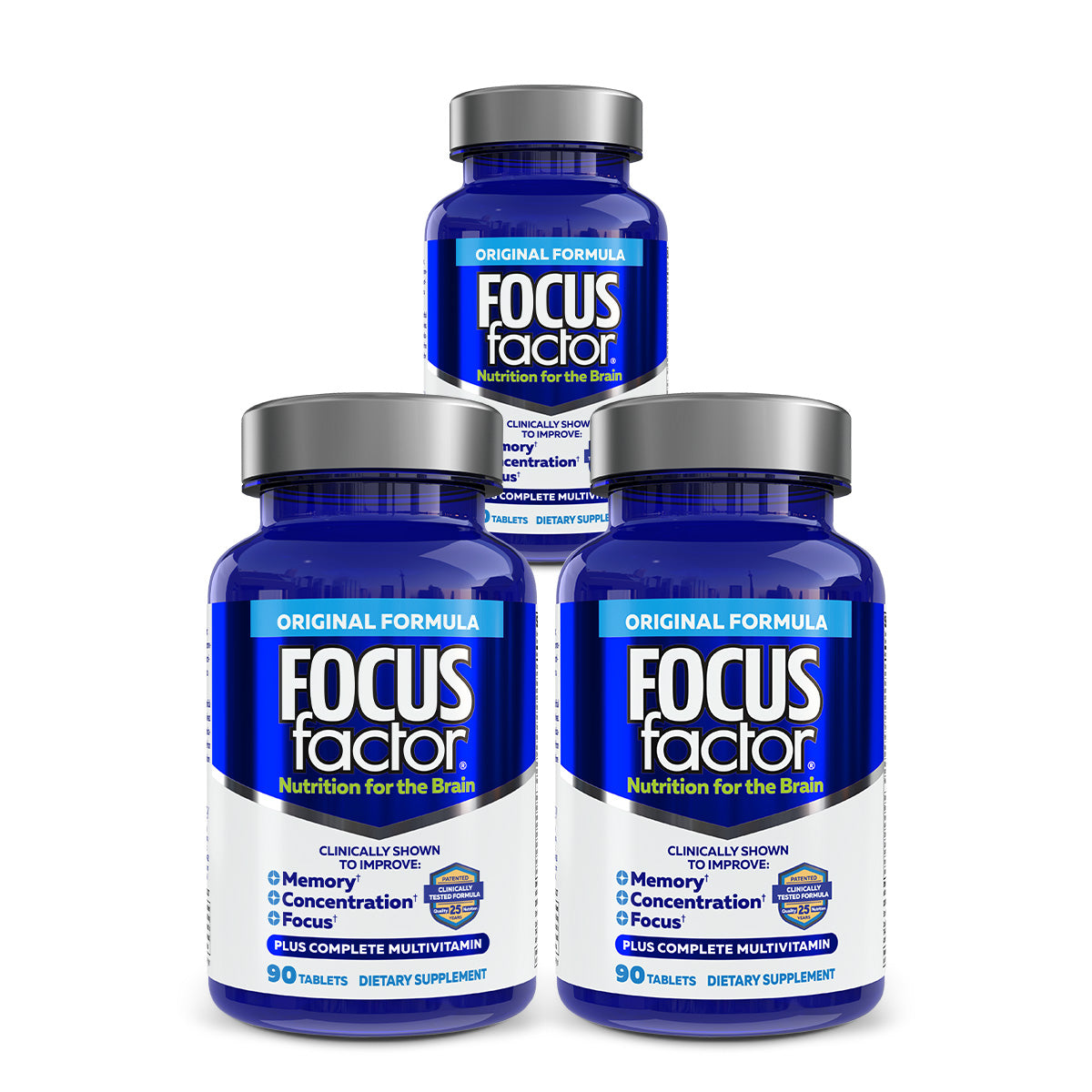 Three bottles of Focus Factor® Original† dietary supplements, each in blue packaging, are designed to support memory, concentration, and focus. Every bottle contains 90 tablets and prominently features the phrase "Nutrition for the Brain.