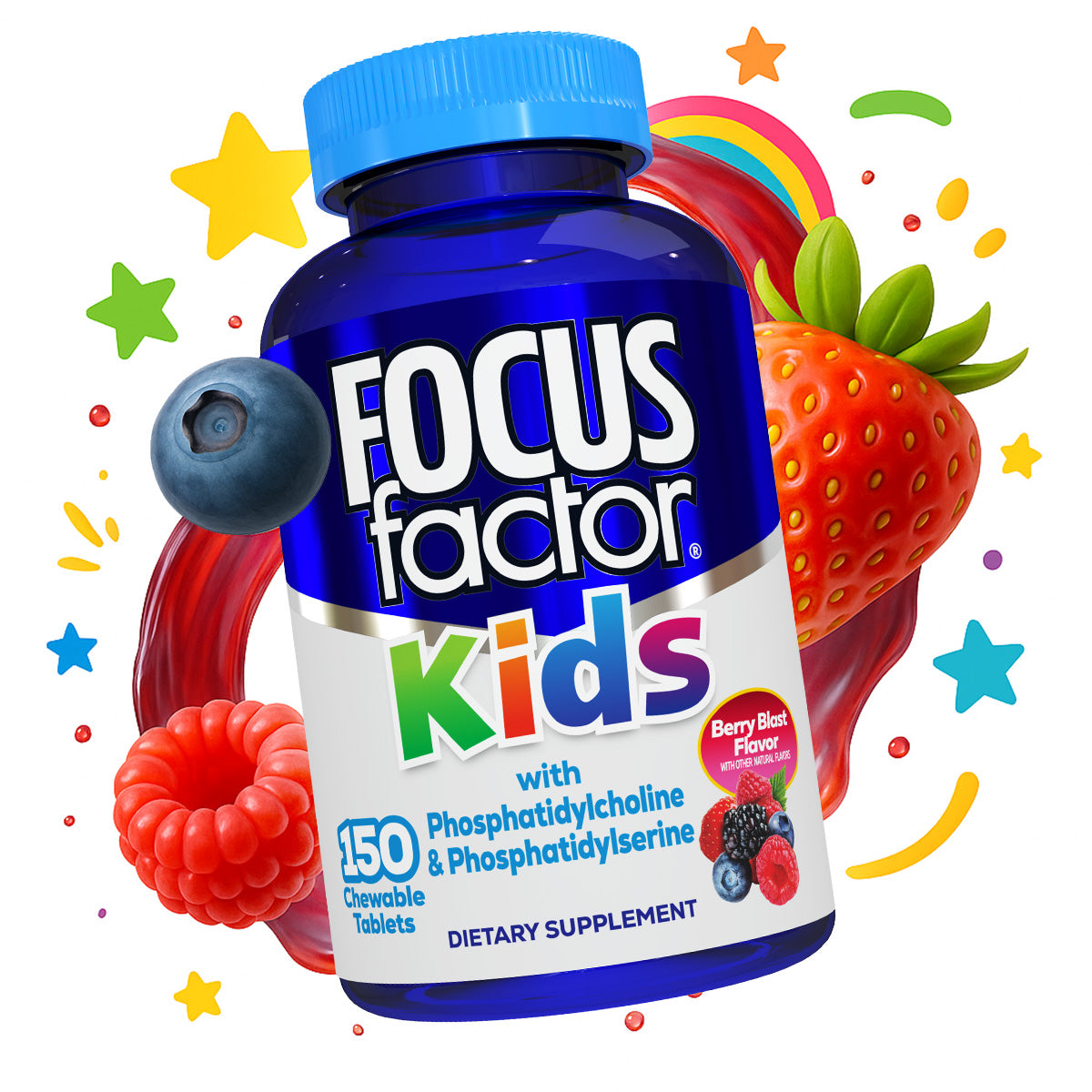 A blue bottle of Focus Factor® Kids Chewables sits among fruit, stars, and swirls. The label shows berry blast flavor and key brain support ingredients for kids, with blueberries and a strawberry next to it.