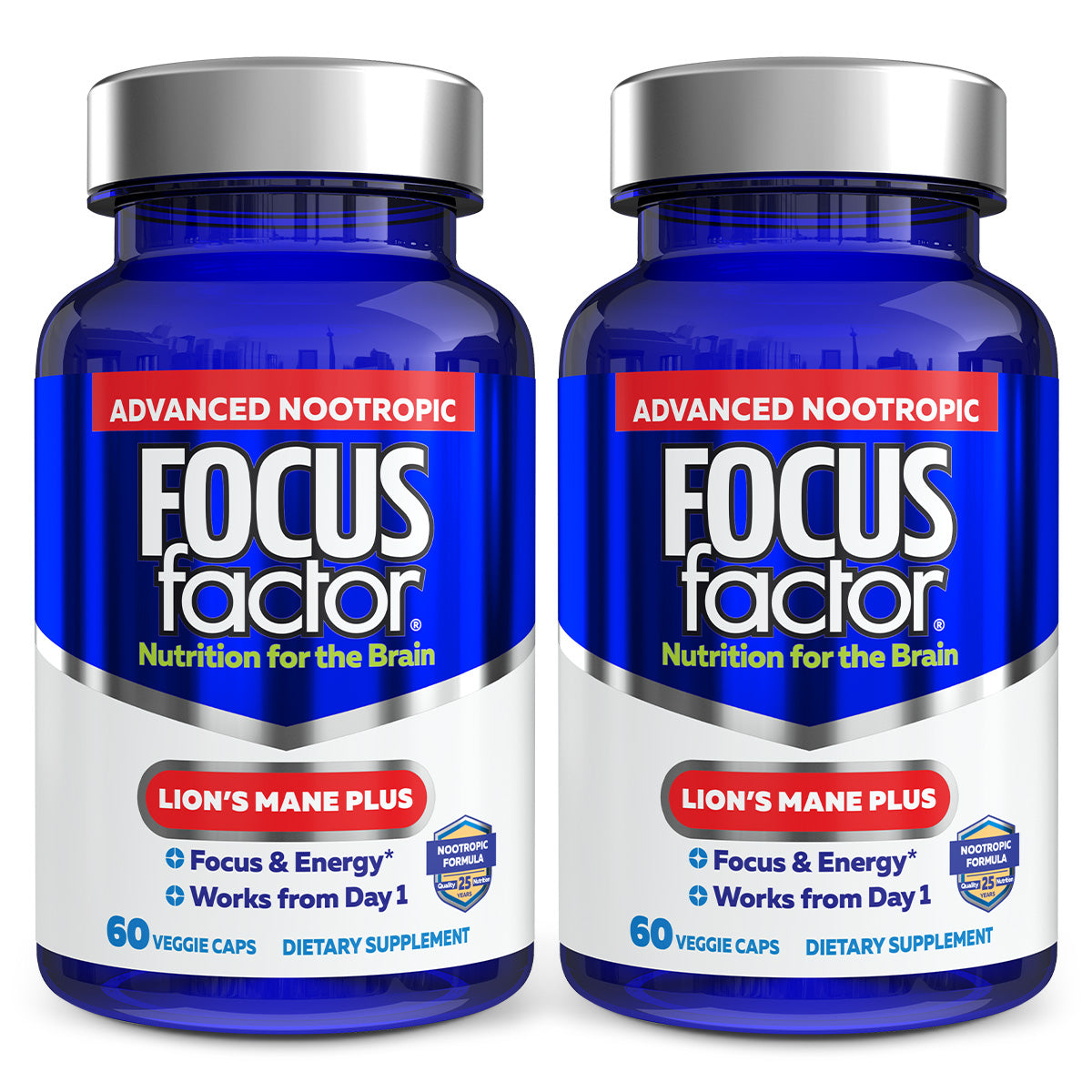 Two blue bottles of Focus Factor® Lion's Mane Plus, a dietary supplement for improved focus and energy. Each bottle contains 60 veggie capsules.