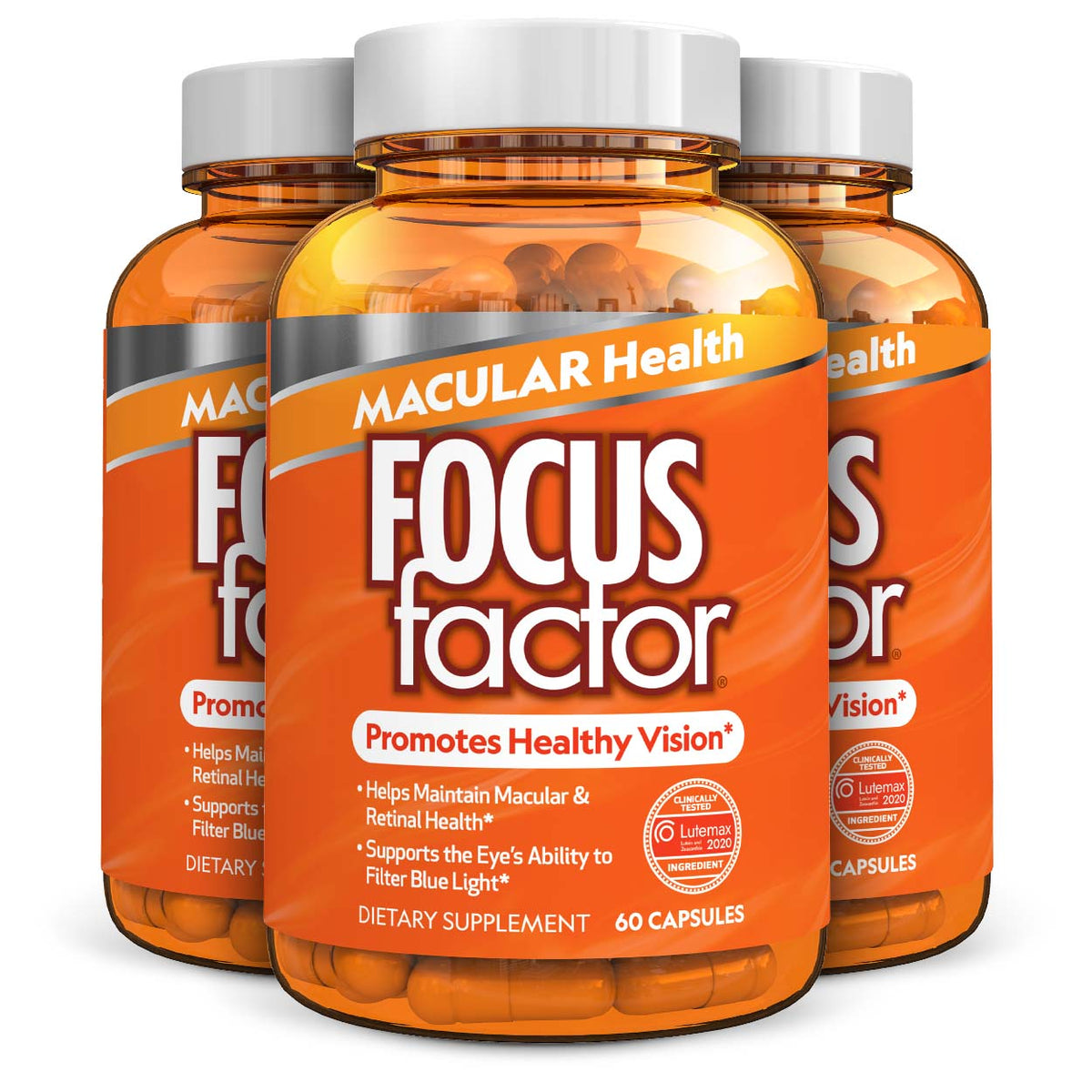 Three bottles of Focus Factor® Vision Macular Health supplements, featuring Lutemax® 2020, are crafted to support healthy vision, promote macular health, and boost the eye's capacity to filter blue light. Each bottle offers 60 capsules for thorough retinal support.