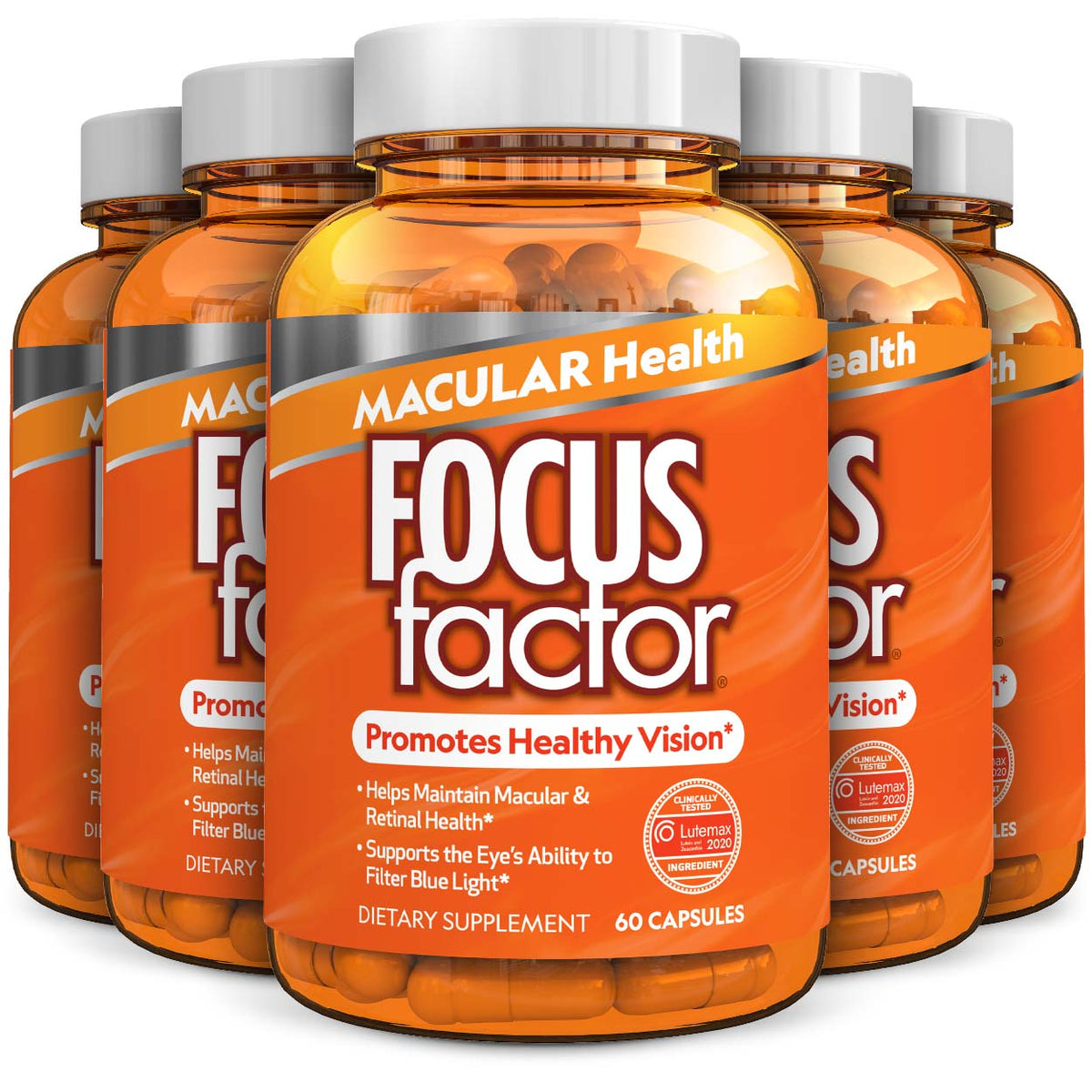 Image of six bottles of Macular Health dietary supplement from Focus Factor® Vision, each featuring Lutemax® 2020 to enhance macular health. The orange bottles, containing 60 capsules each, promote healthy vision and support retinal health while aiding in blue light filtration. Bottles are arranged in a group.