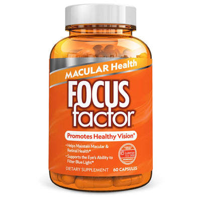 A bottle of Focus Factor® Vision Macular Health dietary supplement featuring Lutemax® 2020. The orange label emphasizes benefits such as promoting healthy vision, maintaining macular and retinal health, and supporting blue light filtering. The product contains 60 capsules.