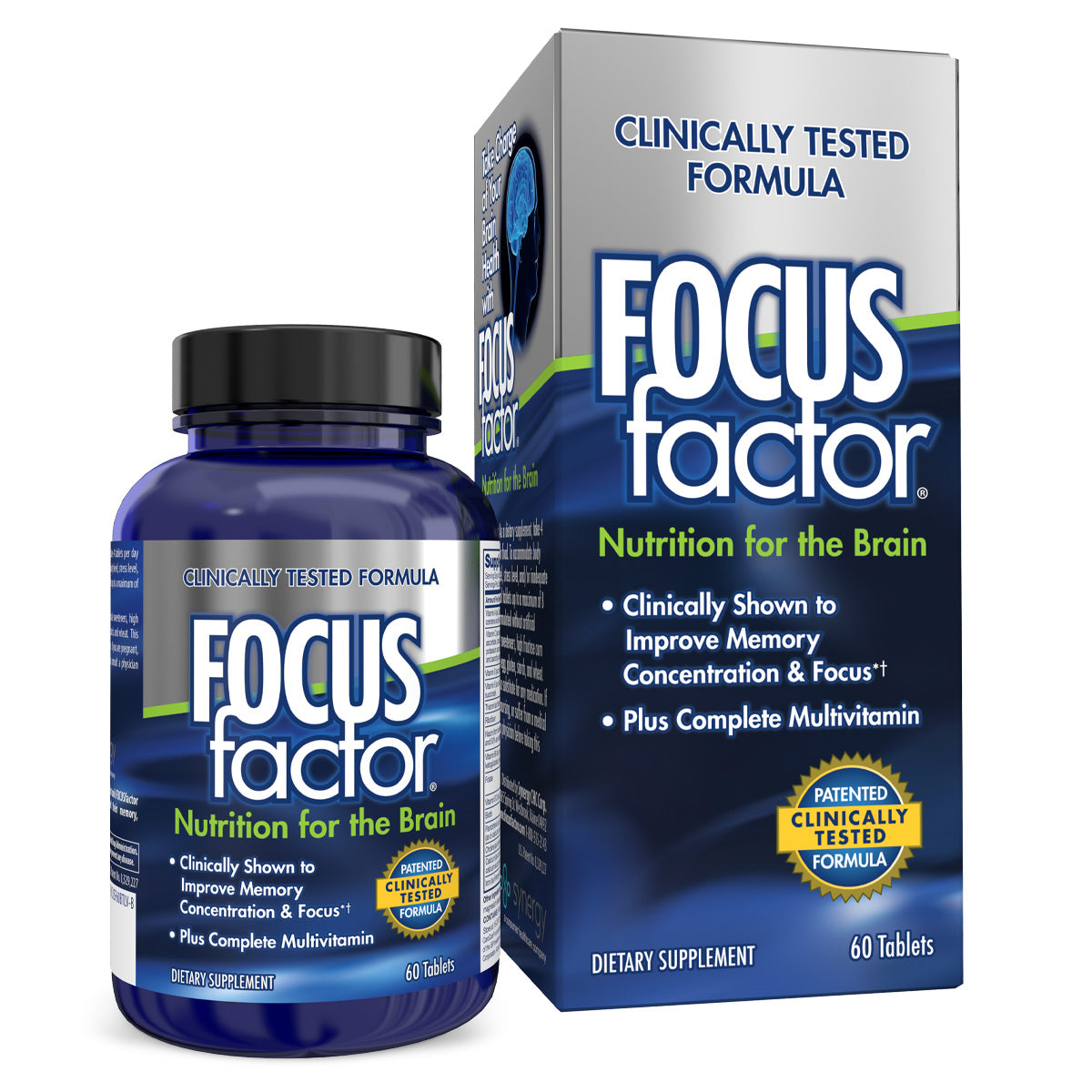 A bottle and box of Focus Factor®, featuring the label "Clinically Tested Formula," pledges to boost memory focus and improve concentration. It provides "Nutrition for the Brain" along with a comprehensive multivitamin and includes 60 tablets.