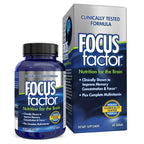 A bottle and box of Focus Factor®, featuring the label "Clinically Tested Formula," pledges to boost memory focus and improve concentration. It provides "Nutrition for the Brain" along with a comprehensive multivitamin and includes 60 tablets.