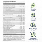Supplement facts label providing vitamin and mineral content for a serving size of four tablets of Focus Factor®. Includes information on vitamins A, C, D, E, and B-complex vitamins. Features icons indicating a clinically tested, patented formula with memory support and concentration benefits that is caffeine-free.