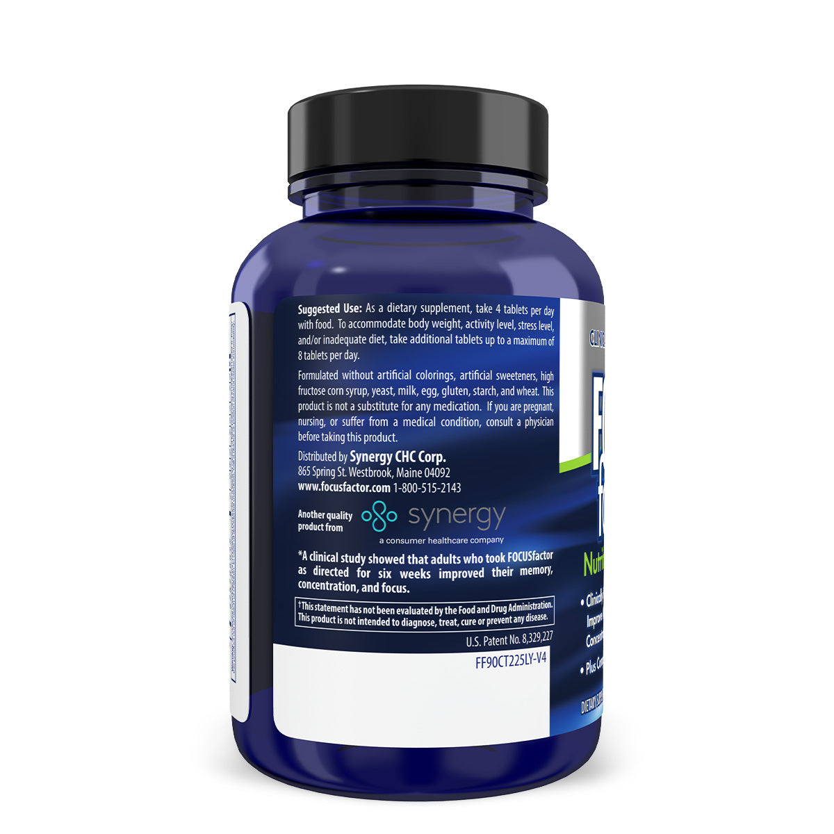 A blue bottle of Focus Factor® dietary supplements with a dark blue cap is designed to enhance memory and focus. The label on the bottle contains dosage instructions, company information, and product details. Additionally, it features a certification mark along with distributor contact information.