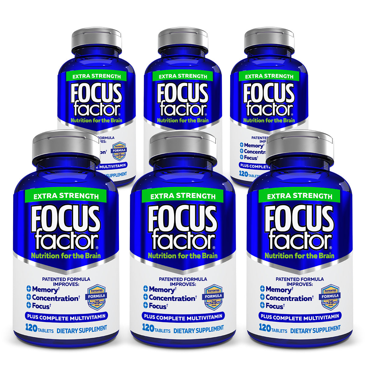 Image of six blue bottles of Focus Factor® Extra Strength dietary supplement, each labeled as "Brain Formula." Every bottle holds 120 tablets and claims to support memory, concentration, and focus enhancement.