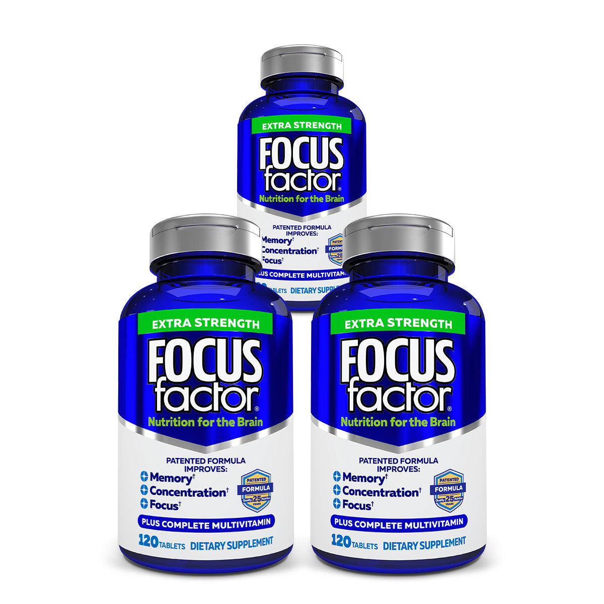 Three bottles of Focus Factor® Extra Strength in blue packaging are displayed, highlighting benefits like enhanced memory support, better concentration, and improved focus on their labels. Each bottle contains 120 tablets and is marketed as a dietary supplement and brain formula multivitamin.