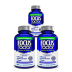 Three bottles of Focus Factor® Extra Strength in blue packaging are displayed, highlighting benefits like enhanced memory support, better concentration, and improved focus on their labels. Each bottle contains 120 tablets and is marketed as a dietary supplement and brain formula multivitamin.