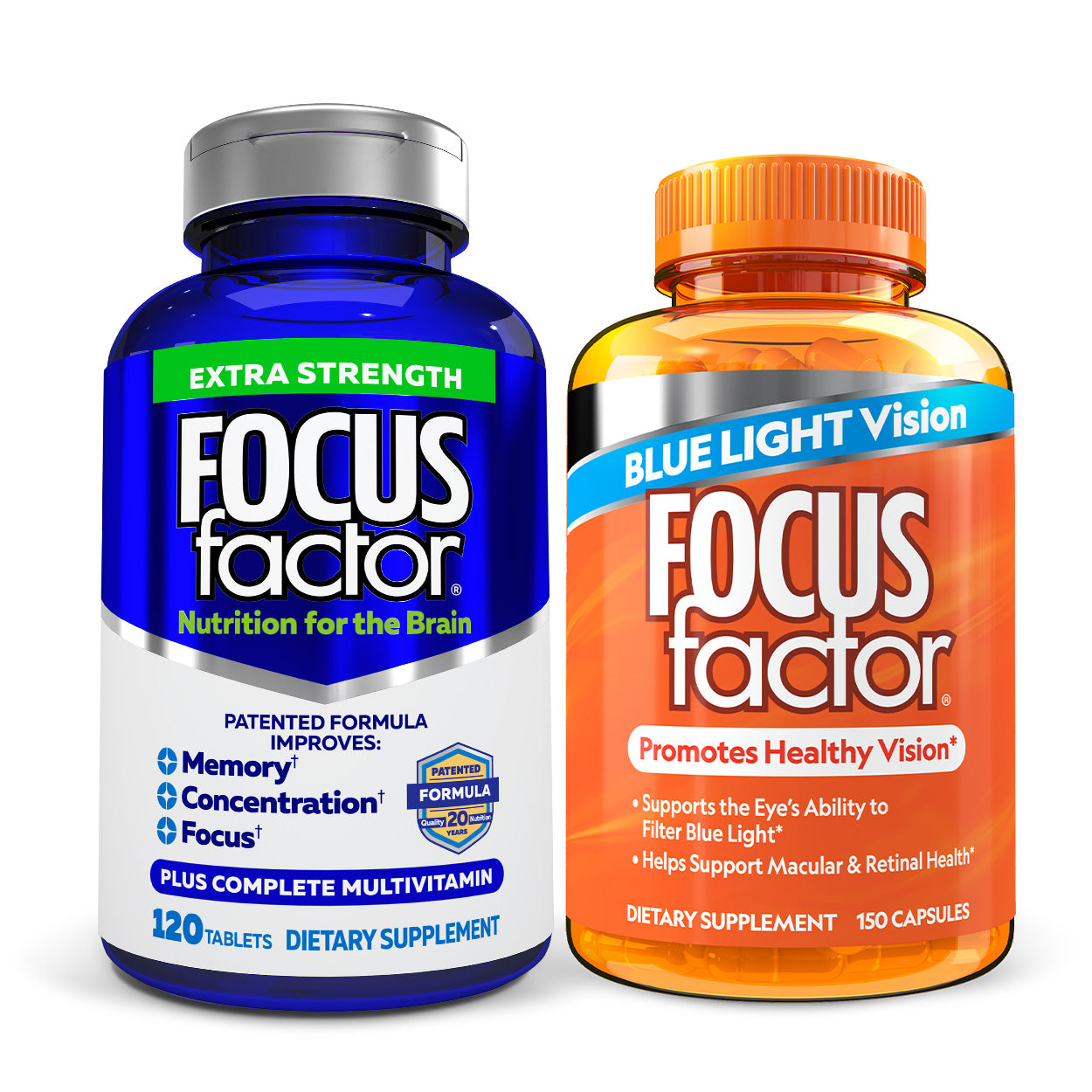 Image of two supplement bottles from the Brain + Vision Bundle by Focus Factor® Bundles: one features a blue label indicating "brain health supplements and memory support" with 120 tablets, and the other has an orange label promoting "healthy vision" with 60 capsules. Ideal for boosting concentration and focus.