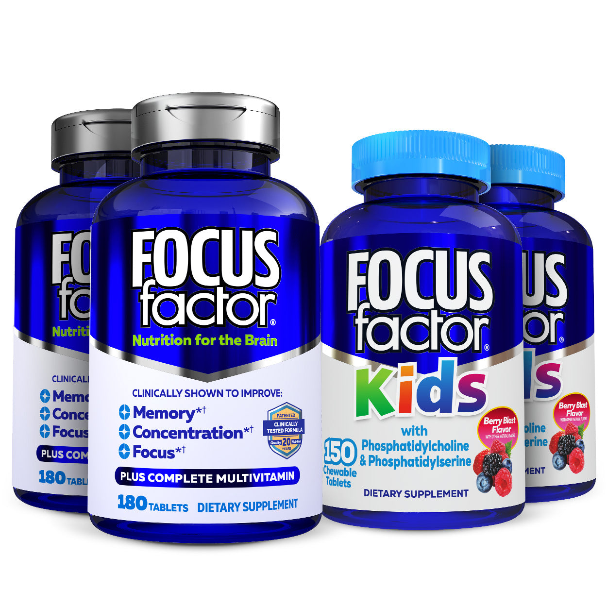 The Family Bundle from Focus Factor® Bundles features four bottles of supplements. The two larger ones are labeled "Focus Factor Nutrition for the Brain" for adults, while the two smaller bottles, ideal for kids, offer a delicious Berry Blast flavored chewable tablet option, combining taste and convenience to support cognitive function.