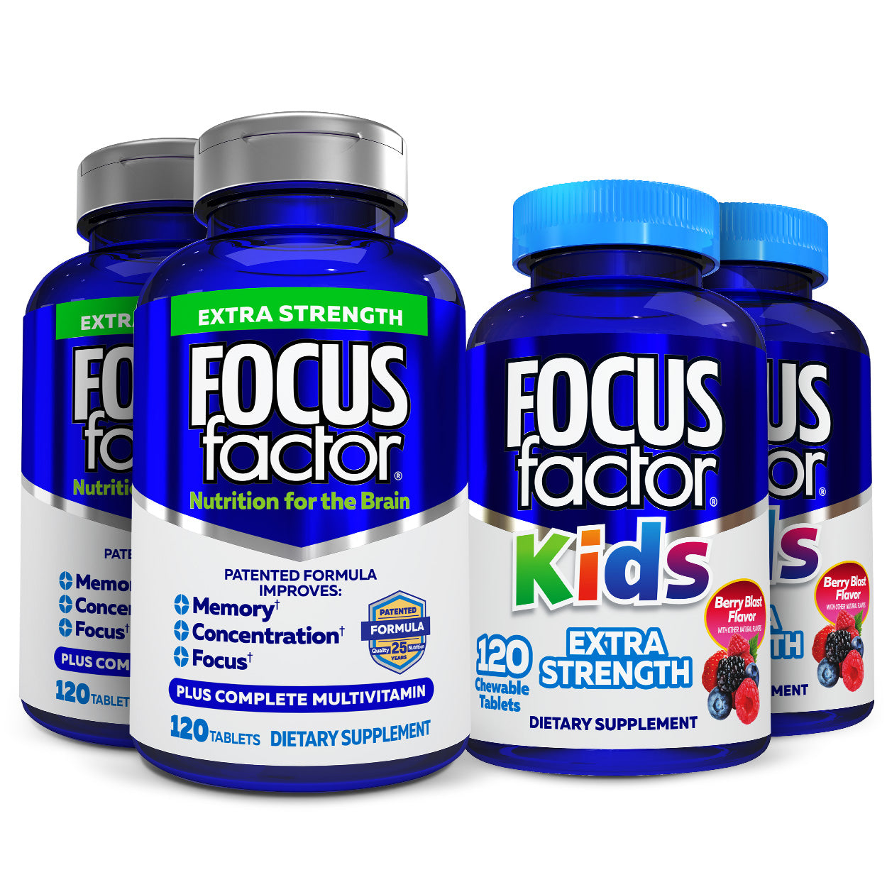 Focus Factor® Bundles offers the Extra Strength Family Bundle, containing dietary supplements in both "Extra Strength" and "Kids" varieties. Each package includes 120 tablets, promoting benefits such as enhanced memory and concentration. The kids' version comes with a delightful "Berry Blast" flavor to boost its appeal.