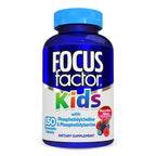 A bottle of Focus Factor® Kids Kids Chewables in berry blast flavor promises enhanced brain function with its neuronutrients, including choline and phosphatidylserine. The label highlights "156 chews" and is adorned with images of berries.