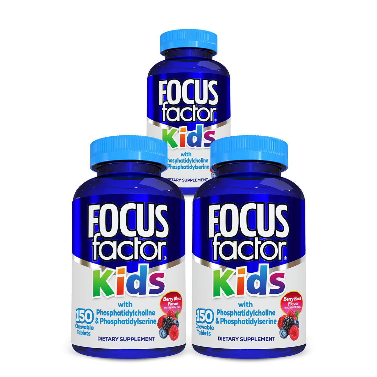 Three bottles of Focus Factor® Kids Chewables dietary supplement in Berry Blast flavor, enriched with neuronutrients choline and phosphatidylserine to support brain function. Each blue bottle is decorated with colorful text and contains 150 chewables.