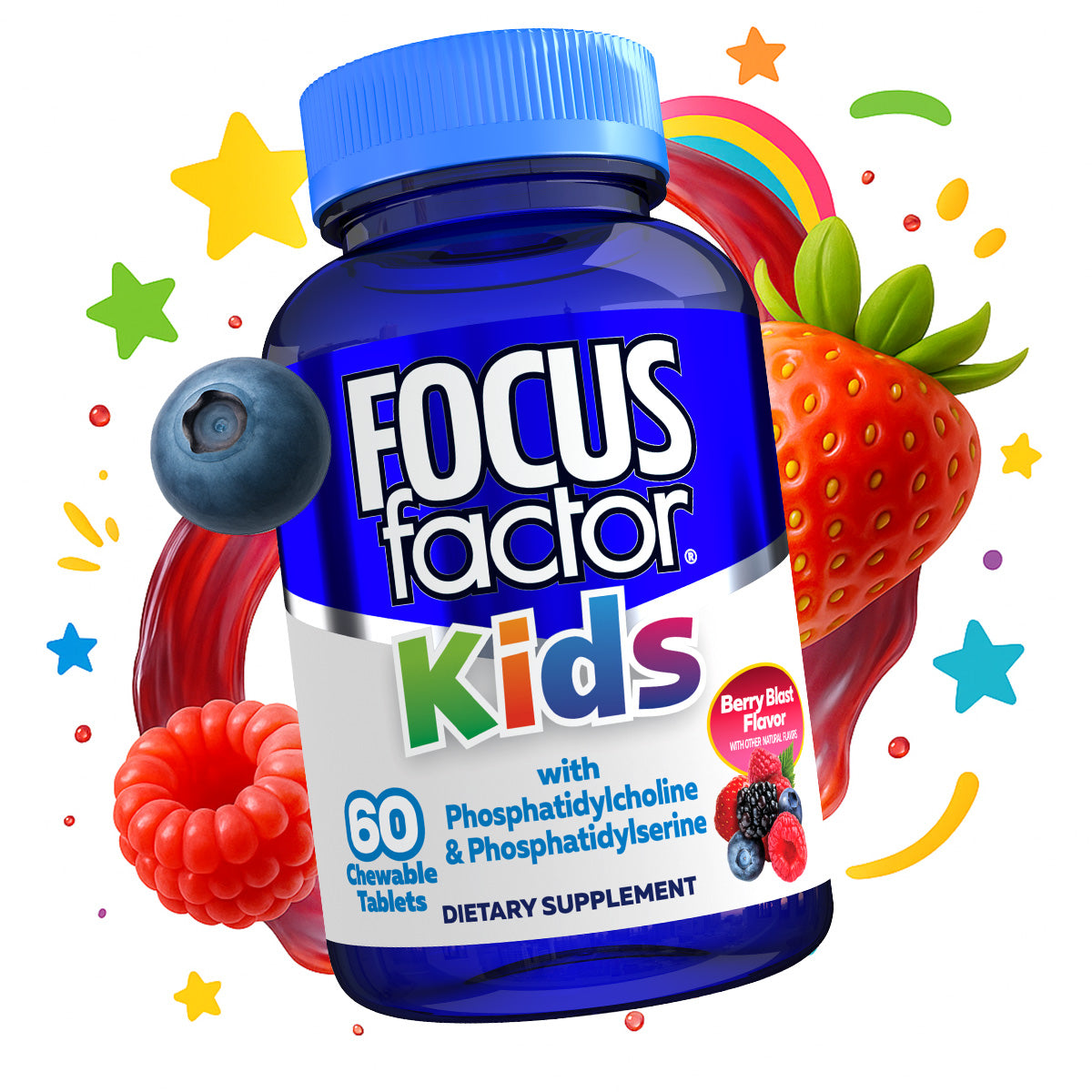 A bottle of Focus Factor® Kids Chewables sits among colorful stars, a blueberry, a strawberry, and a rainbow swirl. The label features 60 berry blast chewable vitamins for kids.
