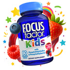 A bottle of Focus Factor® Kids Chewables sits among colorful stars, a blueberry, a strawberry, and a rainbow swirl. The label features 60 berry blast chewable vitamins for kids.