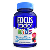 A blue bottle labeled "Focus Factor® Kids," featuring Berry Blast flavor. It contains 60 chewable dietary supplement tablets under the product name "Kids Chewables," enriched with neuronutrients like phosphatidylcholine and phosphatidylserine, designed to support brain function.
