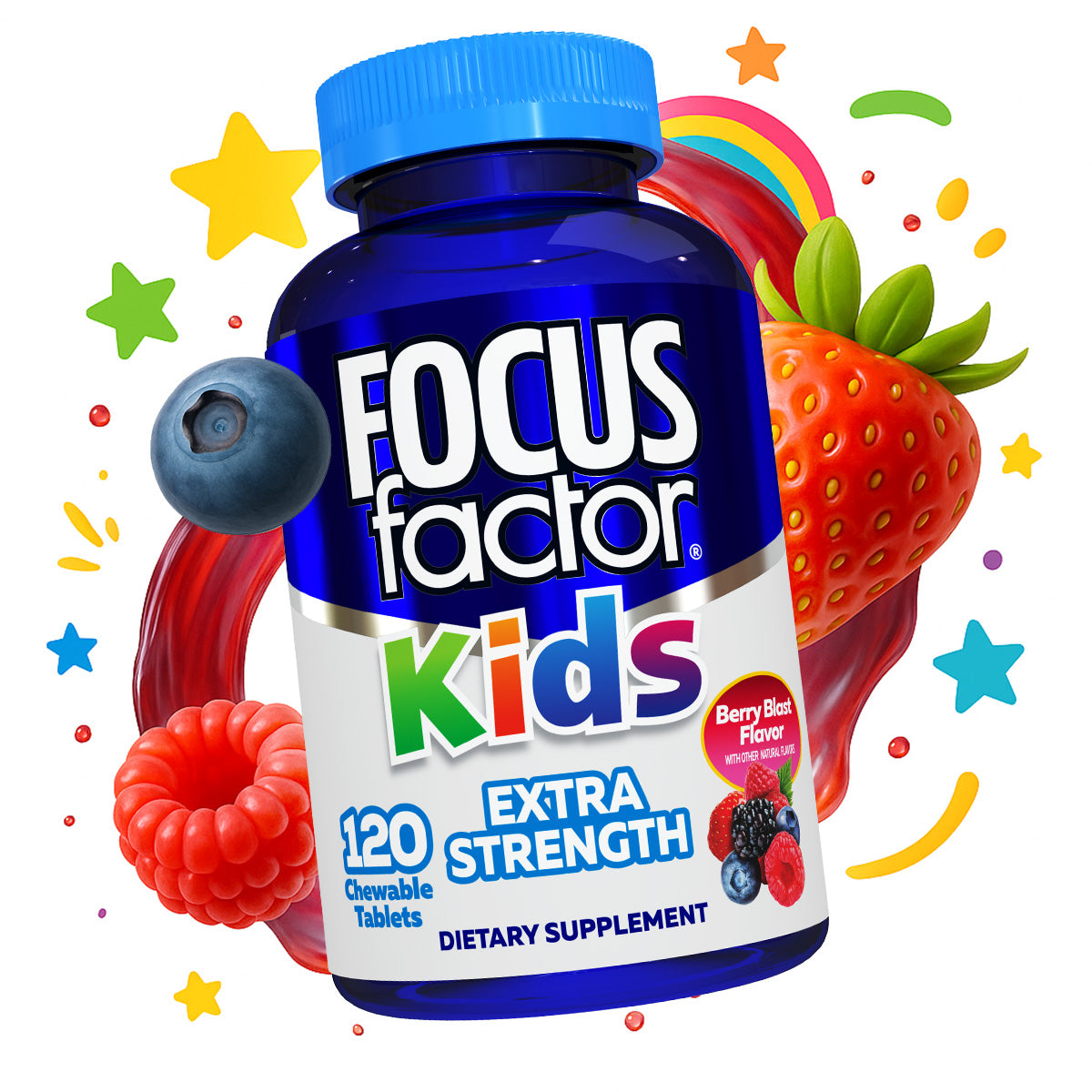 A blue bottle of Focus Factor® Kids Extra Strength chewable tablets in berry blast flavor, featuring colorful fruits and playful designs. The label shows 120 tablets and promotes this kids brain supplement as dietary support.