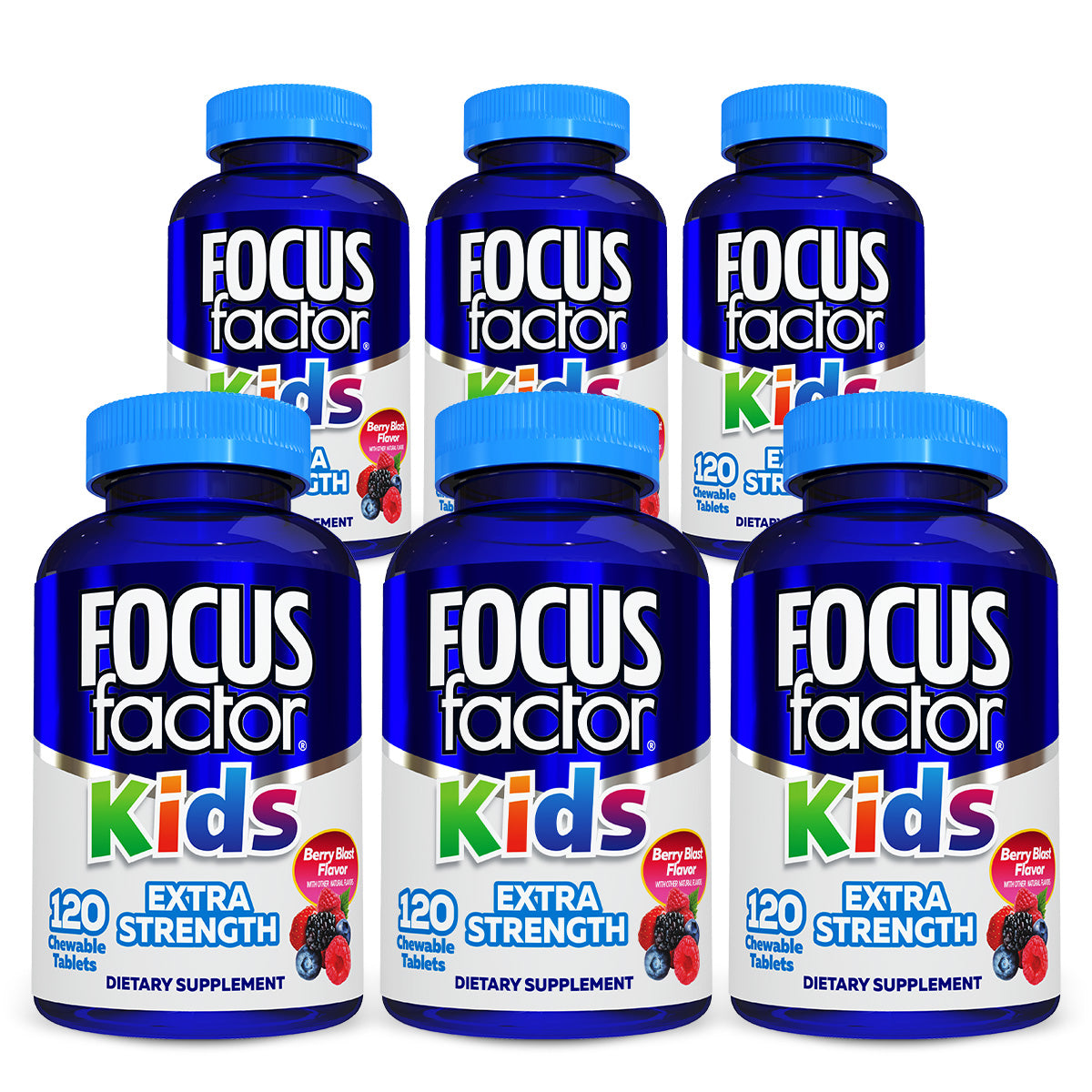 A picture showcasing six bottles of Focus Factor® Kids' Kids Extra Strength chewable supplements, formulated with cognitive ingredients to enhance brain function. The blue bottles are adorned with vibrant labels displaying the "Berry Blast Flavor!" text, and each bottle holds 120 chewables crafted to support the developmental needs of your child's mind.