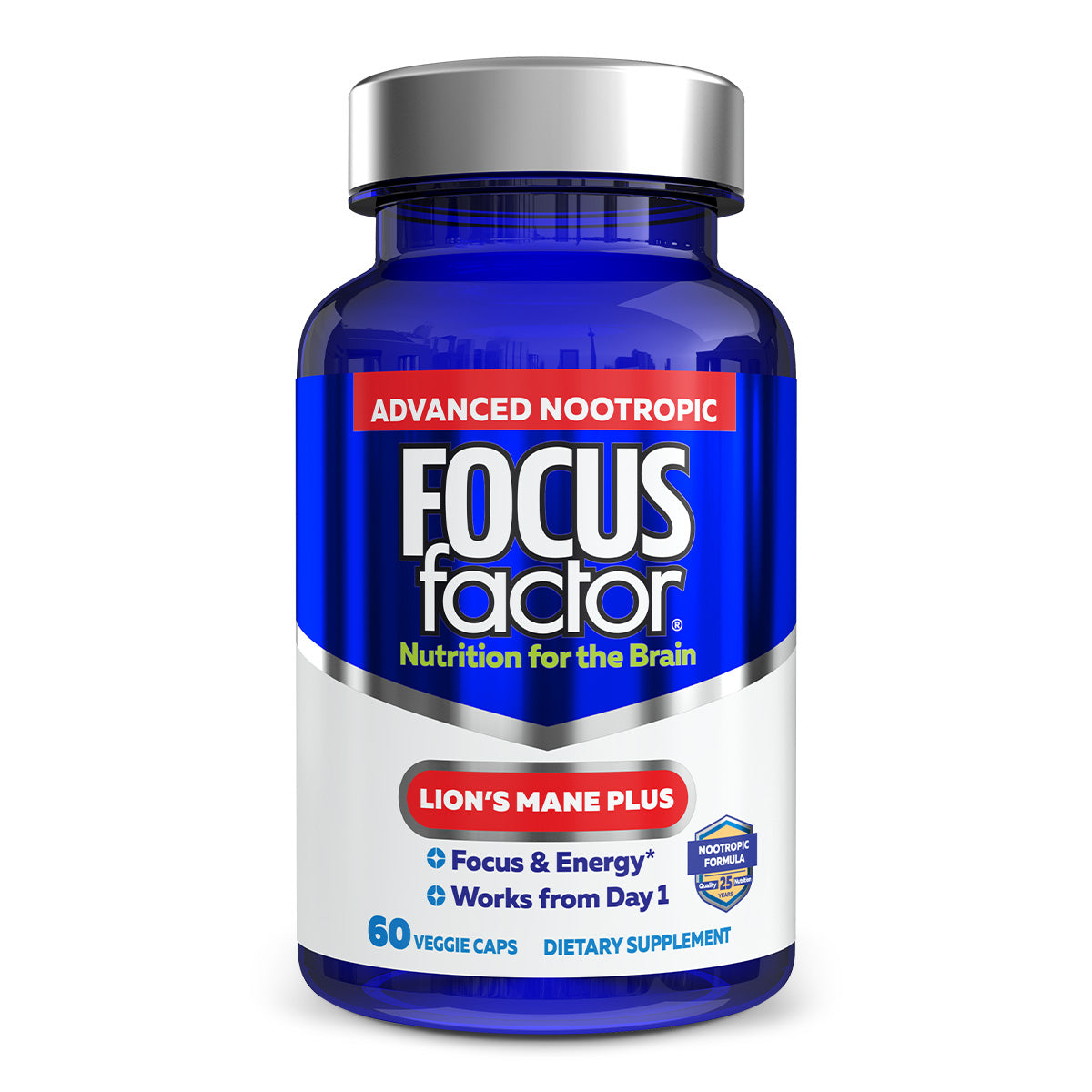 A blue bottle of Focus Factor® Lion's Mane Plus, an advanced nootropic for brain nutrition, contains 60 veggie capsules and promotes focus, energy, and effectiveness from day one.