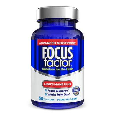A blue bottle of Focus Factor® Lion's Mane Plus, an advanced nootropic for brain nutrition, contains 60 veggie capsules and promotes focus, energy, and effectiveness from day one.
