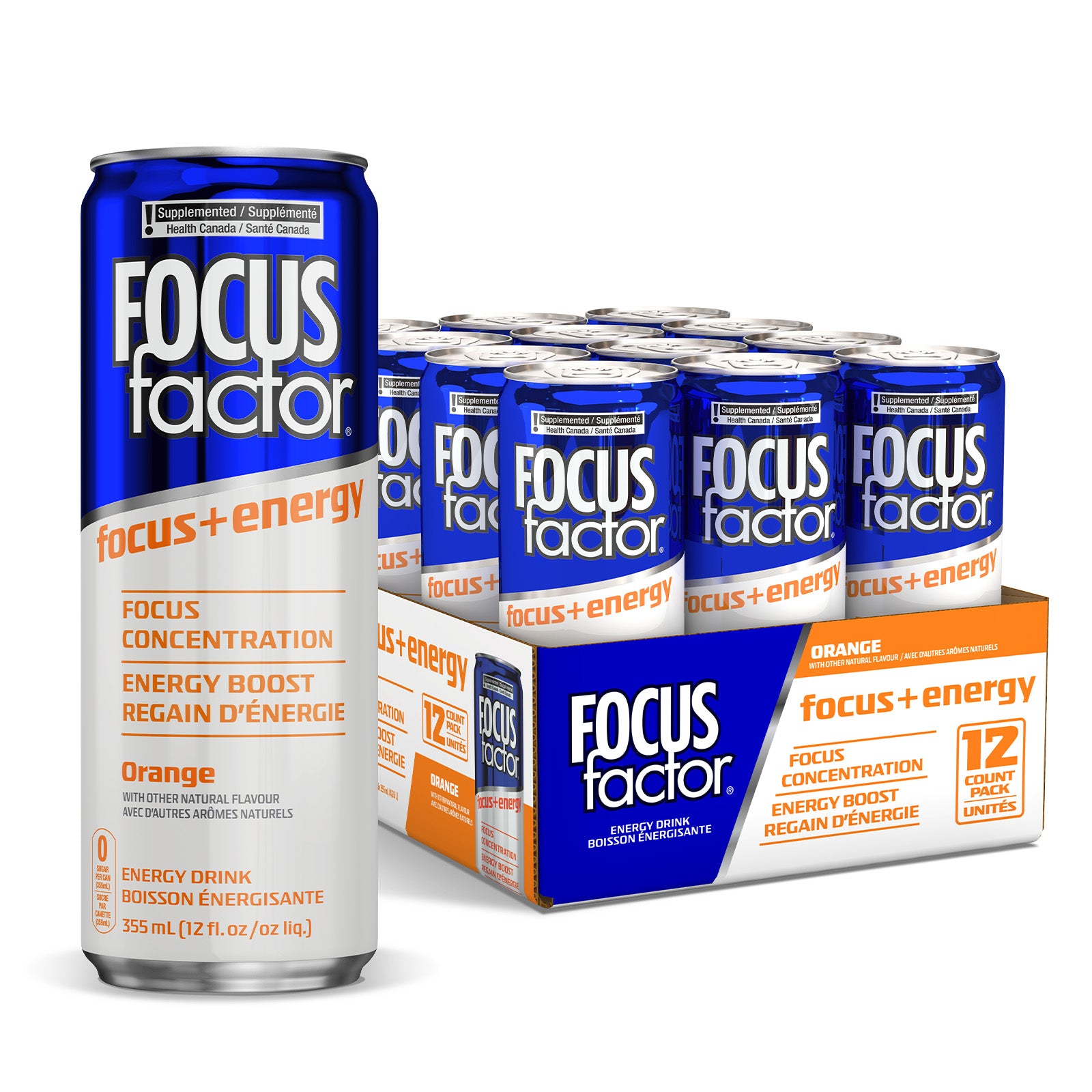 A 355 ml can of Focus + Energy Drink - Orange from Focus + Energy Drinks, recognized for its low-calorie formulation and nootropics, is shown in front of a 12-pack box. The blue and orange can features an "Orange" flavor and asserts its ability to enhance focus, concentration, and energy.