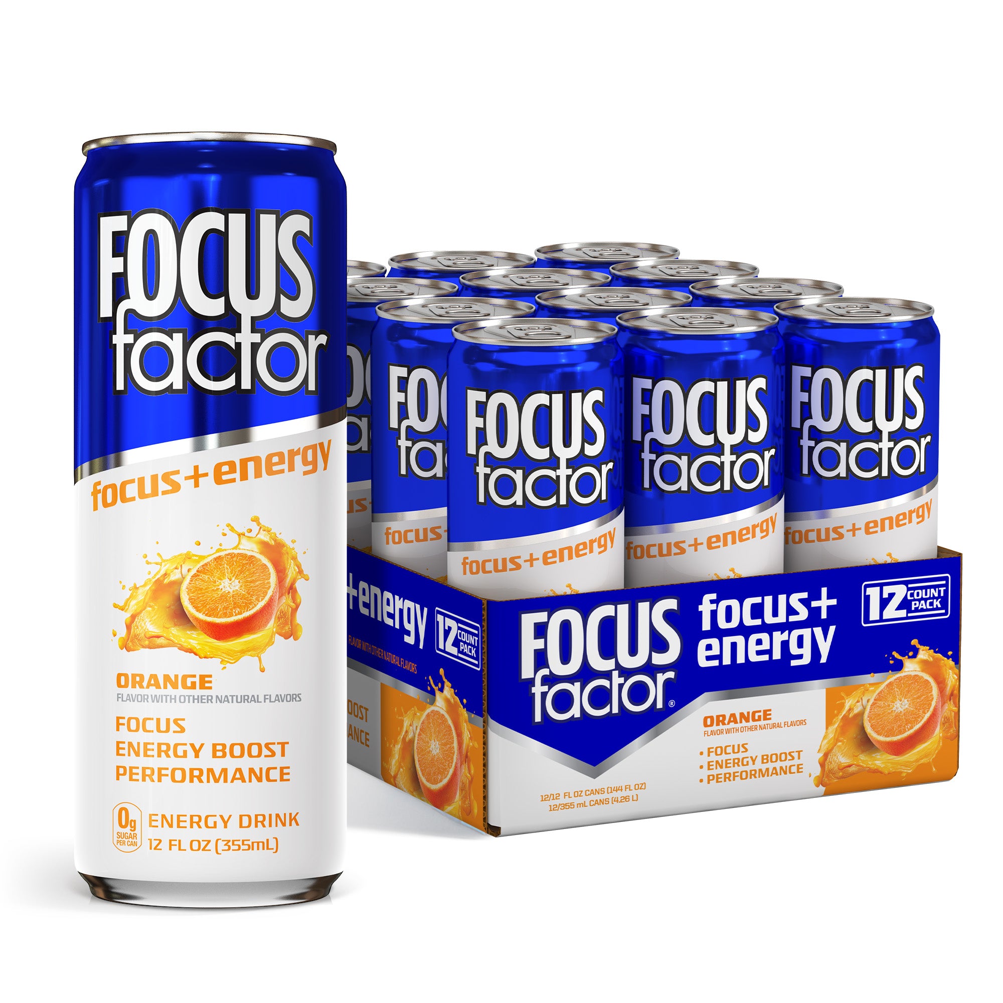 A 355 ml can of Focus + Energy Drink - Orange from Focus + Energy Drinks, recognized for its low-calorie formulation and nootropics, is shown in front of a 12-pack box. The blue and orange can features an "Orange" flavor and asserts its ability to enhance focus, concentration, and energy.