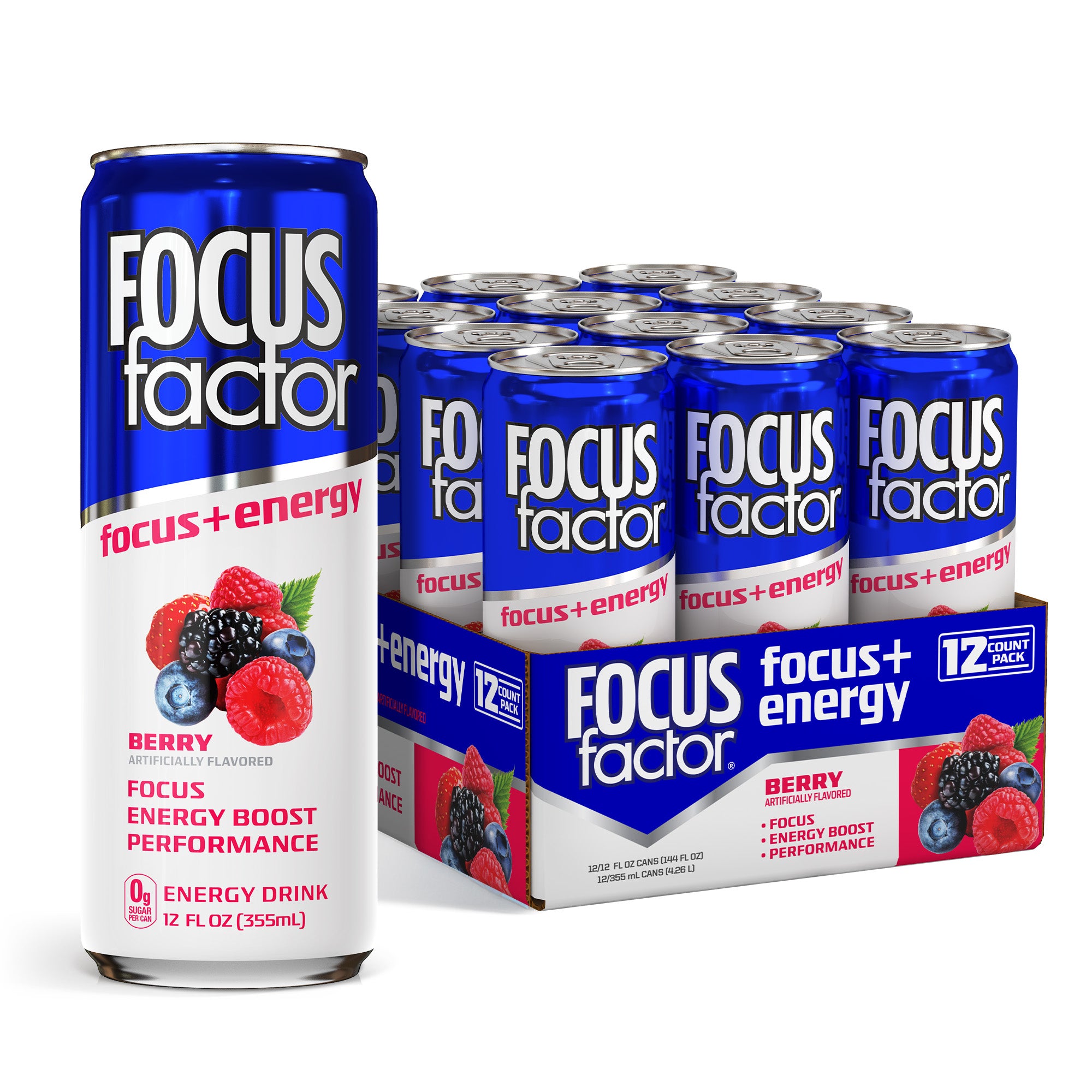 A 12-pack of Focus + Energy Drink - Berry by Focus + Energy Drinks is shown, with one blue can in front. The cans have a white and red label featuring berries and text promoting focus, energy drink benefits, and brain support.