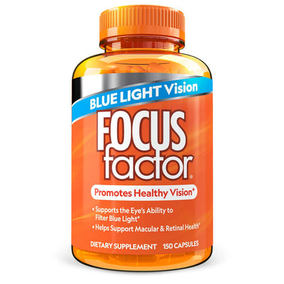 A 150-capsule orange bottle of Focus Factor® Vision Blue Light Vision dietary supplement features a blue cap and banner, and highlights benefits for promoting healthy vision and filtering blue light with Lutemax® 2020.