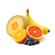 Fruits including a cantaloupe, oranges, bananas, and blueberries