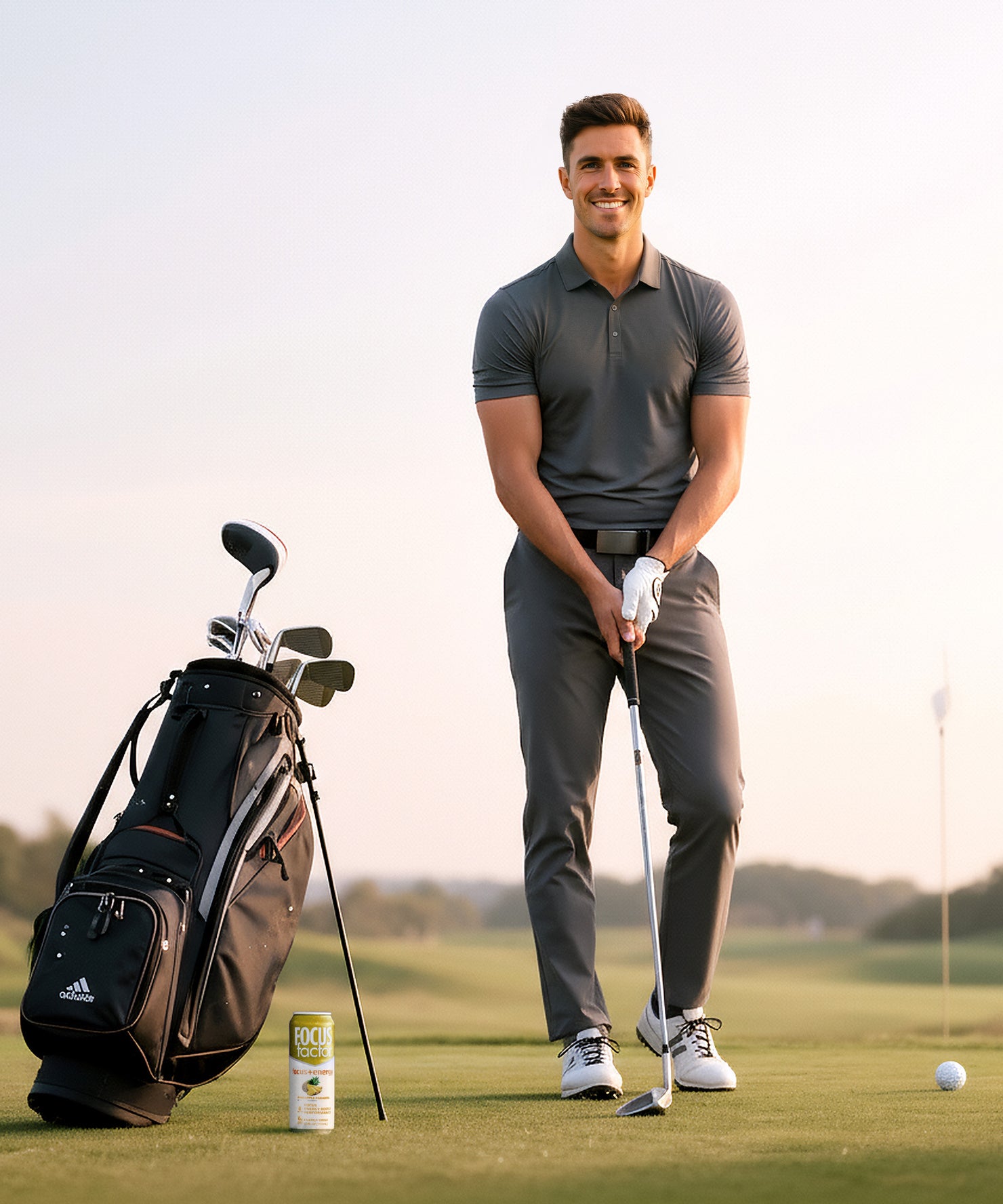 Man holding a golf club on a golf course with a golf bag and can of 'Focus Factor Focus + Energy Drink' in the foreground.