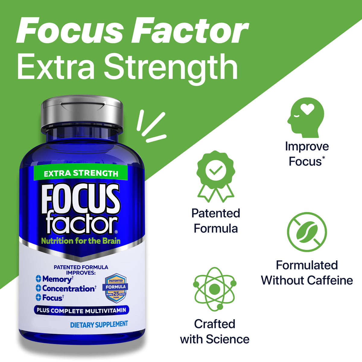 A bottle of Focus Factor® Extra Strength is shown, with icons and text highlighting benefits: supports focus and concentration, uses a patented formula, contains no caffeine, and is backed by scientific research.