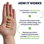 A hand holds four beige tablets beside text describing how Focus Factor® Extra Strength supplements support memory, concentration, and overall focus by fueling the brain with neuro-nutrients.