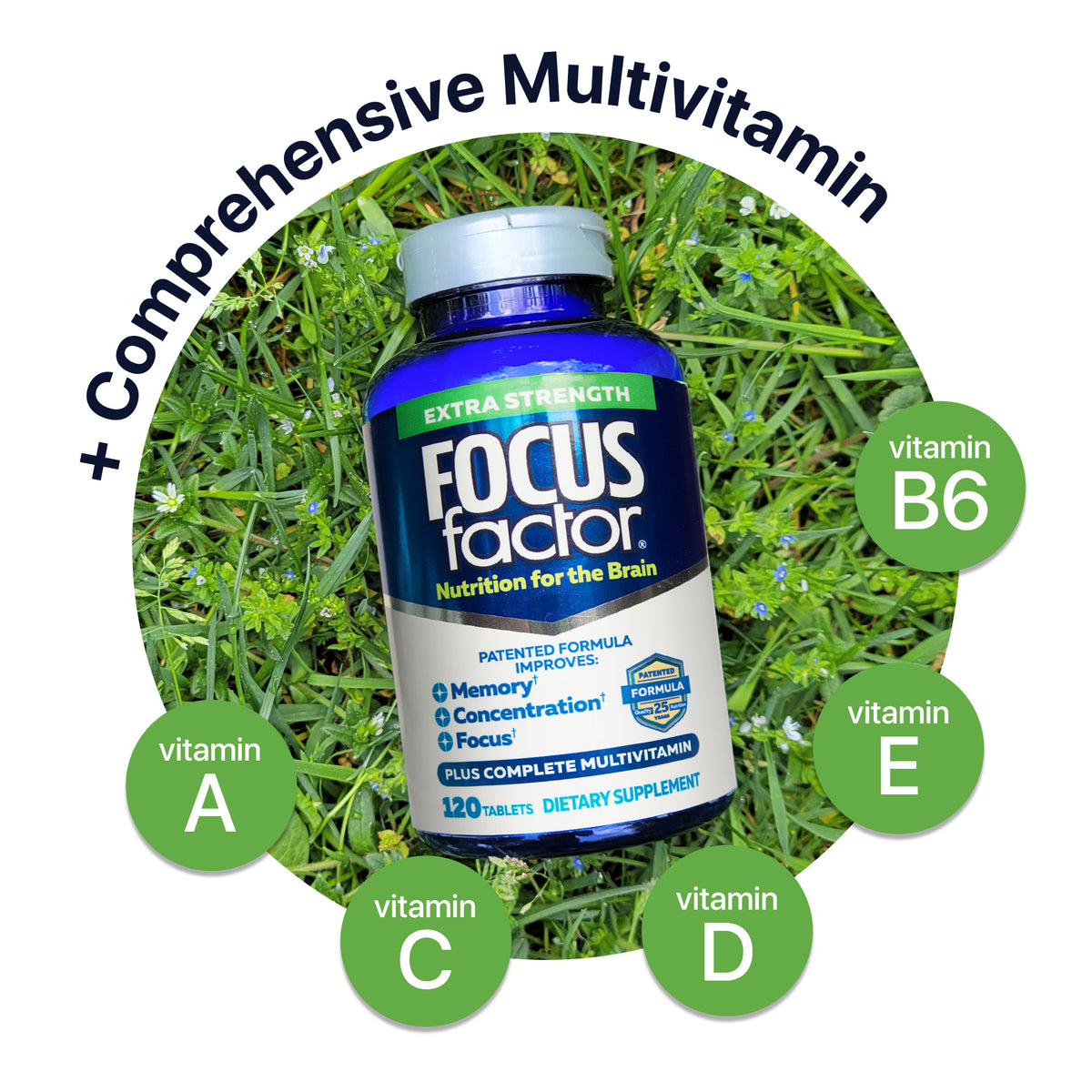 A bottle of Focus Factor® Extra Strength rests on green grass, surrounded by text listing vitamins A, C, D, E, B6, with the heading “+ Comprehensive Multivitamin”—formulated to support concentration and memory.