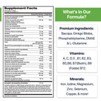 The Focus Factor® Extra Strength supplement facts label lists vitamins, minerals, and nutrients with amounts and daily values. Next to it, “What’s In Our Formula?” highlights premium ingredients for memory, focus, concentration—plus vitamins A–E, B complex, iron, and zinc.