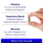 A hand holding a pill with text listing ingredients: Vitamins (A, C, D, E, B1, B2, B3, B5, B6, B7, B9, B12), Proprietary Blend with Dimethylaminoethanol to boost focus and memory along with L-glutamine and Bacopin®, complemented by essential minerals such as Iron and Magnesium. Bottom text: Focus Factor® Original†.