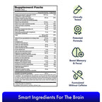 Image showing the supplement facts label of Focus Factor® Original†, highlighting its vitamin and mineral content. Accompanying icons and text state "Clinically Tested," "Patented Formula," "Boost Memory & Concentration," and "Formulated Without Caffeine." Bottom caption reads: "Smart Ingredients For Focused Brain Power.