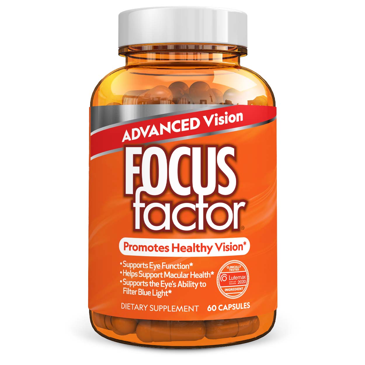 A bottle of Focus Factor® Vision Advanced Vision dietary supplement, containing 60 capsules, includes Lutemax 2020® to improve healthy vision. The packaging emphasizes advantages such as supporting eye function, promoting macular health, and filtering blue light. This orange bottle with a gray cap is fortified with antioxidant vitamins.