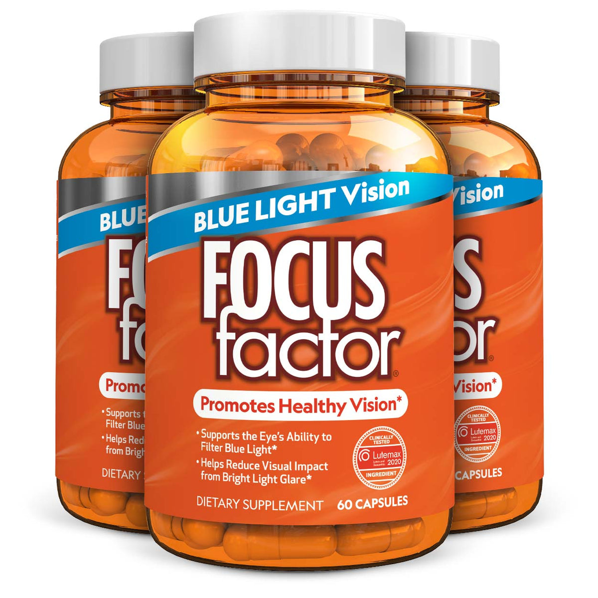Three bottles of Focus Factor® Vision's Blue Light Vision dietary supplements stand out, showcasing labels that highlight benefits such as promoting healthy vision with Lutemax® 2020, supporting the eyes' ability to filter blue light, and minimizing visual impact from bright light glare.