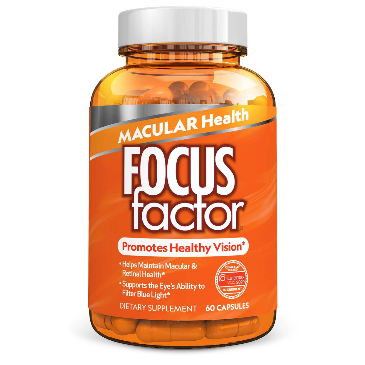 A bottle of Focus Factor® Vision Macular Health dietary supplement featuring Lutemax® 2020. The orange label emphasizes benefits such as promoting healthy vision, maintaining macular and retinal health, and supporting blue light filtering. The product contains 60 capsules.