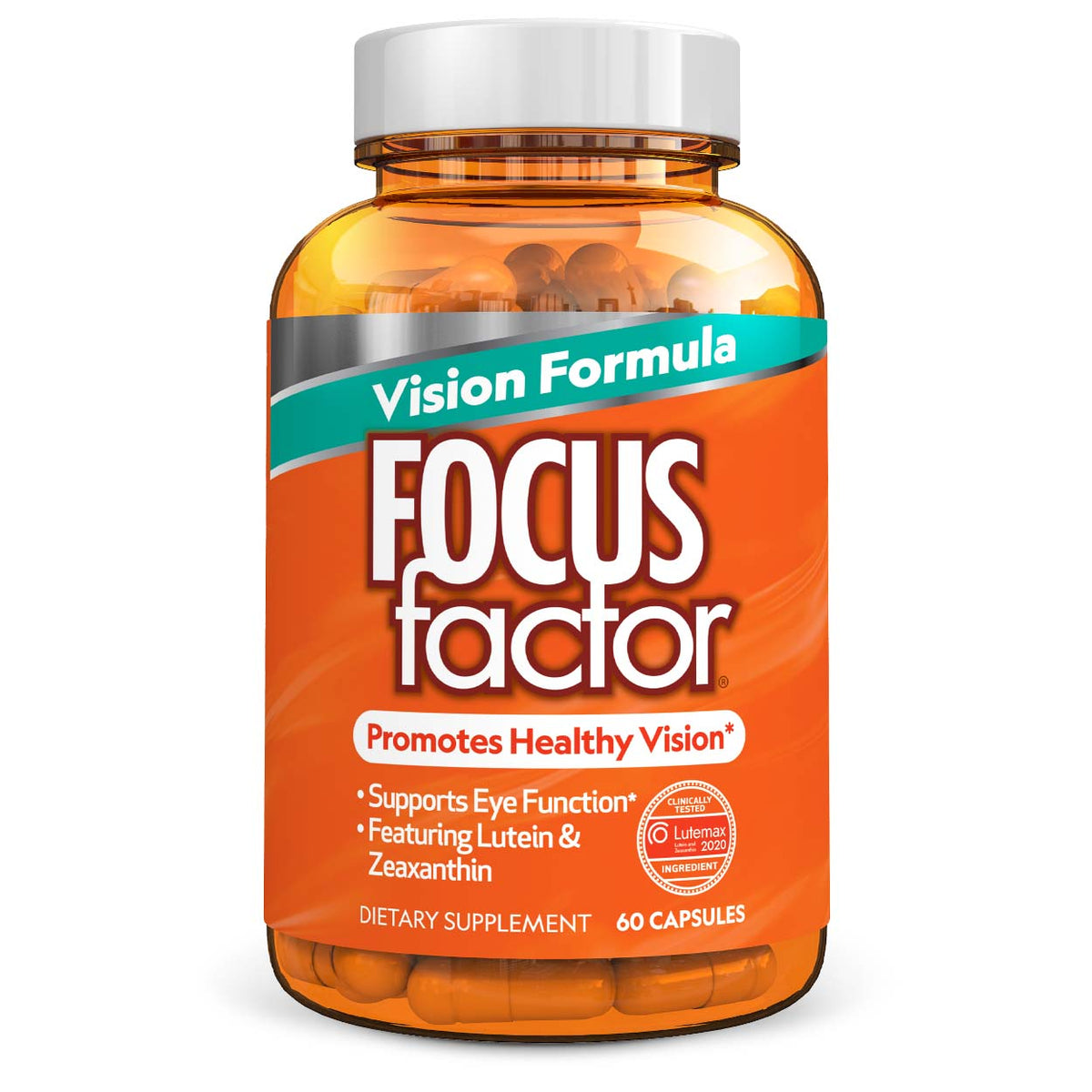 Focus Factor® Vision Formula dietary supplement, containing 60 capsules, promotes healthy vision and eye health with Lutemax 2020, lutein, and zeaxanthin. The packaging is an orange bottle with a white cap, emphasizing its dedication to supporting your eye function.