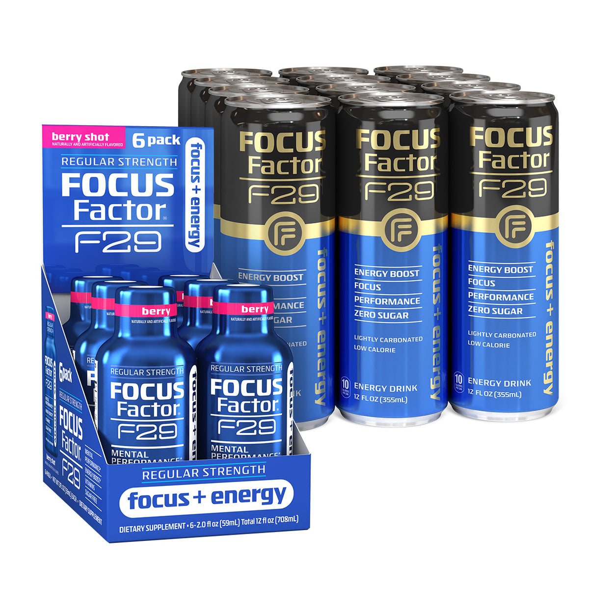 A display of the Focus + Energy Bundle from Focus Factor® Bundles features an assortment of cans accompanied by a Regular Strength 6-pack of berry shots. The packaging highlights benefits such as energy boost, focus enhancement, improved performance, zero sugar content, and low calorie intake.