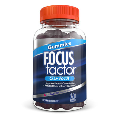 A bottle of Focus Factor® Calm Focus Gummies featuring a red cap. The label highlights the delightful strawberry flavor and promotes benefits such as enhanced focus and daily stress reduction with Sensoril Ashwagandha. Each bottle includes 60 gummies.