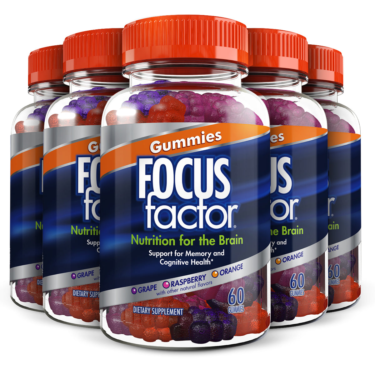 Five bottles of Focus Factor® Gummies are arranged in a row, each topped with a red cap. The label highlights the flavors "Raspberry" and "Orange," emphasizing their brain nutrition benefits and promoting cognitive health and memory support.