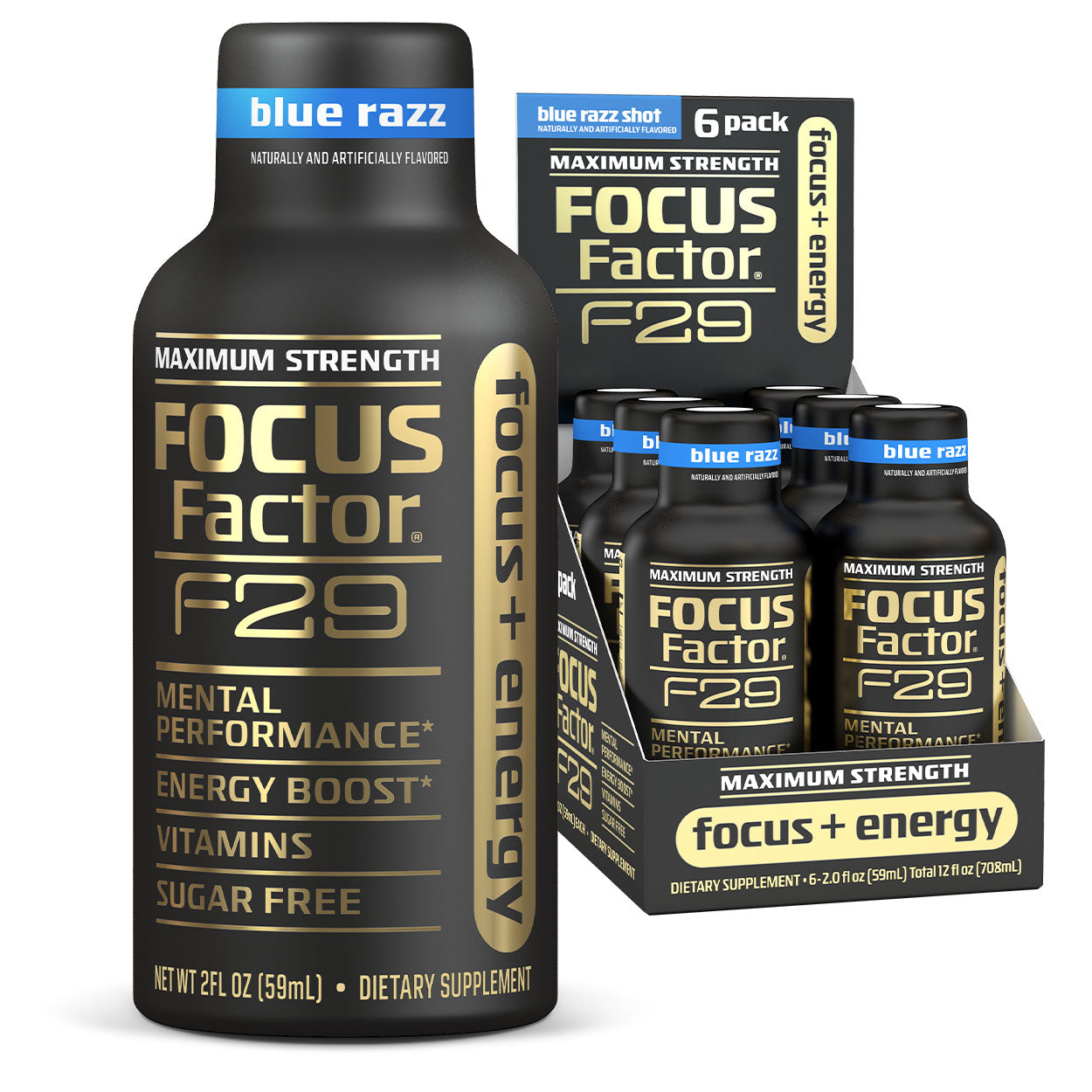 Image of Maximum Strength Shot by F29 Focus + Energy in sugar-free blue razz flavor. A single bottle is prominently displayed, emphasizing mental performance, energy boost, and essential vitamins, with a six-pack box partially visible in the background.