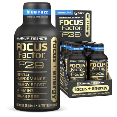 Image of Maximum Strength Shot by F29 Focus + Energy in sugar-free blue razz flavor. A single bottle is prominently displayed, emphasizing mental performance, energy boost, and essential vitamins, with a six-pack box partially visible in the background.