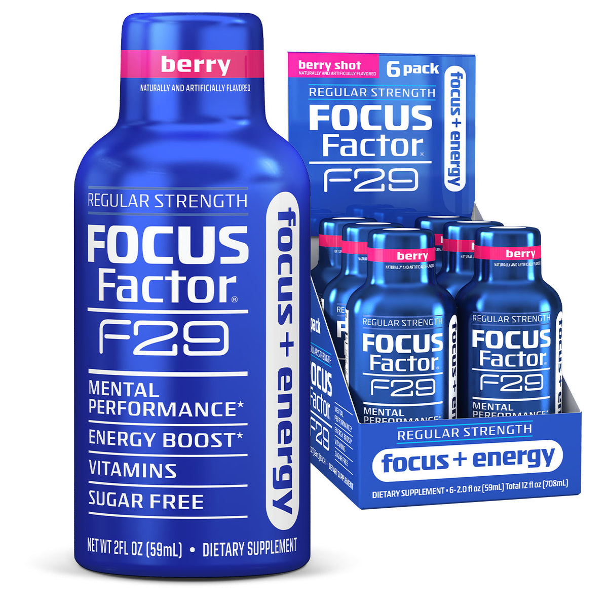 The blue bottle of F29 Focus + Energy Regular Strength Shot is designed to enhance mental performance and provide an energy boost. The 6-pack display highlights multiple bottles, emphasizing its vitamin-rich, sugar-free formula ideal for individuals looking to improve their focus.