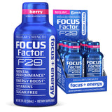 The blue bottle of F29 Focus + Energy Regular Strength Shot is designed to enhance mental performance and provide an energy boost. The 6-pack display highlights multiple bottles, emphasizing its vitamin-rich, sugar-free formula ideal for individuals looking to improve their focus.